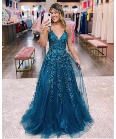 Glitter Tulle Prom Dresses Long 2024 Spaghetti Straps Lace Applique Sparkly Evening Party Gowns with Slit Purple $33.88 Dresses