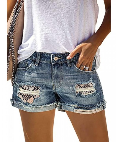 Women's Summer Stylish Distressed Patched Mid Rise Raw Hem Casual Ripped Jeans Shorts $8.99 Shorts