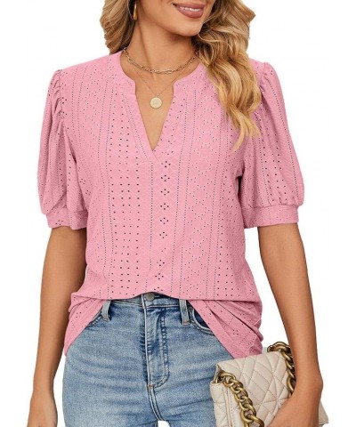 Women's Summer Puff Short Sleeve Shirts Loose Fit Eyelet T Shirt Notch V Neck Tunic Blouse Hollow Out Work Tops Pink $11.20 Tops