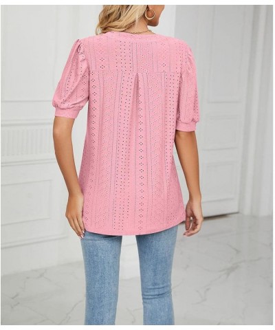 Women's Summer Puff Short Sleeve Shirts Loose Fit Eyelet T Shirt Notch V Neck Tunic Blouse Hollow Out Work Tops Pink $11.20 Tops