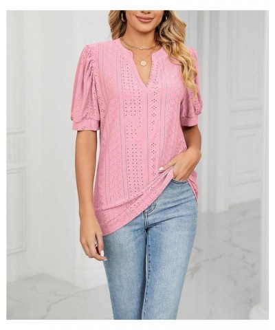 Women's Summer Puff Short Sleeve Shirts Loose Fit Eyelet T Shirt Notch V Neck Tunic Blouse Hollow Out Work Tops Pink $11.20 Tops