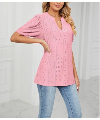 Women's Summer Puff Short Sleeve Shirts Loose Fit Eyelet T Shirt Notch V Neck Tunic Blouse Hollow Out Work Tops Pink $11.20 Tops