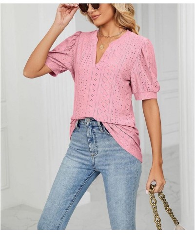 Women's Summer Puff Short Sleeve Shirts Loose Fit Eyelet T Shirt Notch V Neck Tunic Blouse Hollow Out Work Tops Pink $11.20 Tops