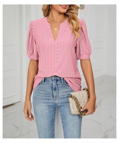 Women's Summer Puff Short Sleeve Shirts Loose Fit Eyelet T Shirt Notch V Neck Tunic Blouse Hollow Out Work Tops Pink $11.20 Tops