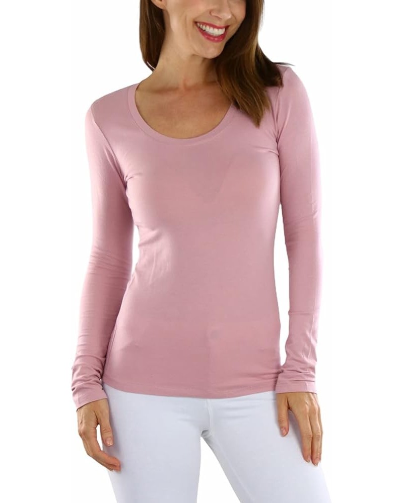 Junior Women's Slim Fit Long Sleeve Shirt Scoop Neckline Basic Tee Layering Cotton Top Paint Pink $8.98 T-Shirts