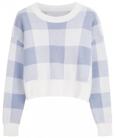 Womens Plaid Cropped Sweater Y2K Crew Neck Knitwear Autumn Winter Top S-XL Blue $8.99 Sweaters