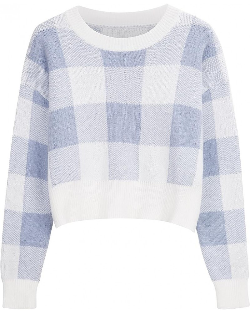 Womens Plaid Cropped Sweater Y2K Crew Neck Knitwear Autumn Winter Top S-XL Blue $8.99 Sweaters