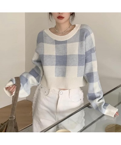 Womens Plaid Cropped Sweater Y2K Crew Neck Knitwear Autumn Winter Top S-XL Blue $8.99 Sweaters