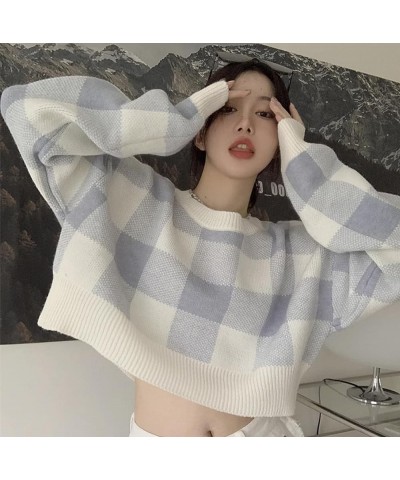 Womens Plaid Cropped Sweater Y2K Crew Neck Knitwear Autumn Winter Top S-XL Blue $8.99 Sweaters