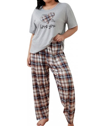 Women's Plus Size Short Sleeve Top And Pants Cute Pajama Lounge Set With Eyemask Multicolor Grey and Plaid $19.03 Sleep & Lounge