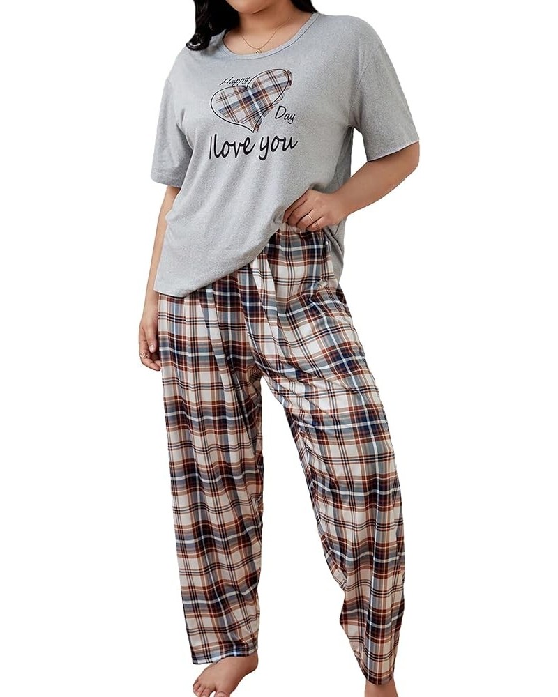 Women's Plus Size Short Sleeve Top And Pants Cute Pajama Lounge Set With Eyemask Multicolor Grey and Plaid $19.03 Sleep & Lounge