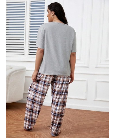 Women's Plus Size Short Sleeve Top And Pants Cute Pajama Lounge Set With Eyemask Multicolor Grey and Plaid $19.03 Sleep & Lounge