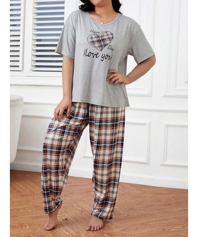 Women's Plus Size Short Sleeve Top And Pants Cute Pajama Lounge Set With Eyemask Multicolor Grey and Plaid $19.03 Sleep & Lounge