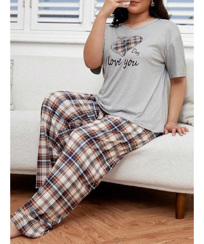 Women's Plus Size Short Sleeve Top And Pants Cute Pajama Lounge Set With Eyemask Multicolor Grey and Plaid $19.03 Sleep & Lounge