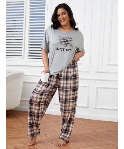 Women's Plus Size Short Sleeve Top And Pants Cute Pajama Lounge Set With Eyemask Multicolor Grey and Plaid $19.03 Sleep & Lounge