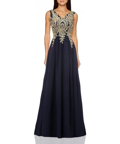 Women's V Neck Chiffon Bridesmaid Dresses with Gold Lace Appliques Long Prom Formal Gowns Plus Size Style2-navy Blue $43.72 D...