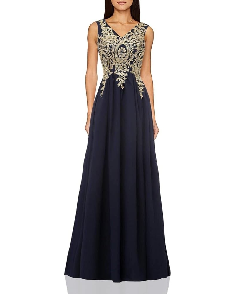 Women's V Neck Chiffon Bridesmaid Dresses with Gold Lace Appliques Long Prom Formal Gowns Plus Size Style2-navy Blue $43.72 D...