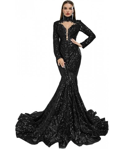 Prom Dress Sequins High Neck Mermaid Pageant Evening Party Dress Black $63.00 Dresses