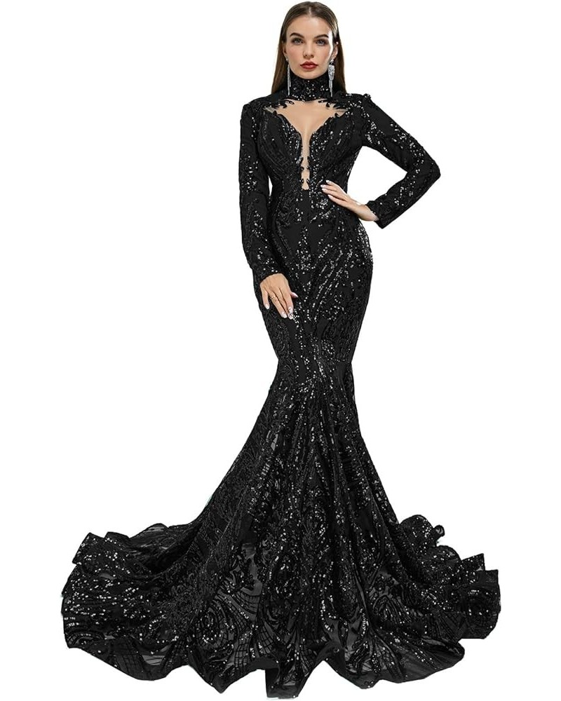 Prom Dress Sequins High Neck Mermaid Pageant Evening Party Dress Black $63.00 Dresses