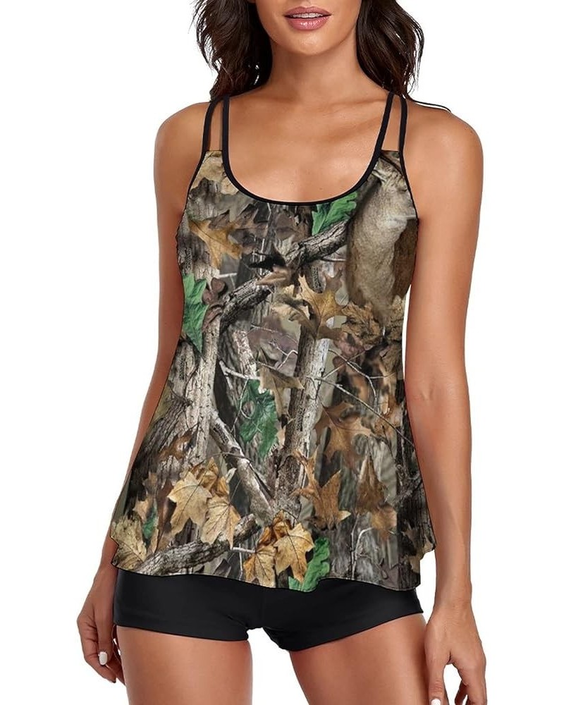 Camouflage Hunting Women Two Piece Tankini Swimwear Swimsuits Bathing Suits Set with Strappy Top and Shorts Style $23.99 Swim...