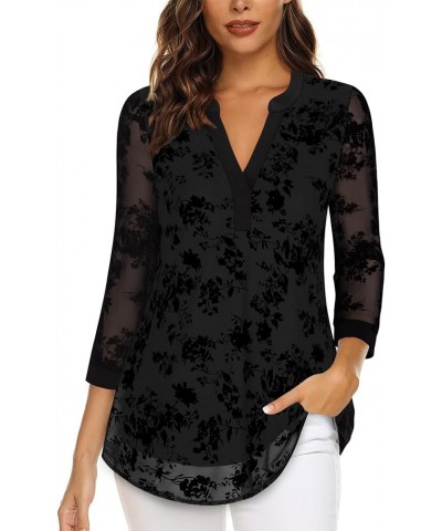 Women's 3/4 Sleeve Blouses Casual V Neck Dress Shirts Double Layers Mesh Tunics Tops Black Floral $14.35 Blouses