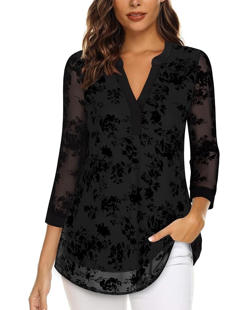 Women's 3/4 Sleeve Blouses Casual V Neck Dress Shirts Double Layers Mesh Tunics Tops Black Floral $14.35 Blouses