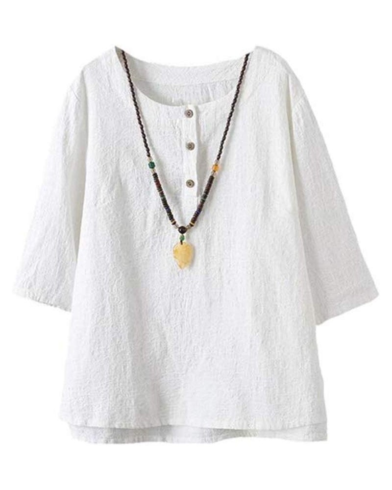 Women's Linen Tops Shirts Summer Casual Jacquard Tunic Blouse White $15.39 Blouses