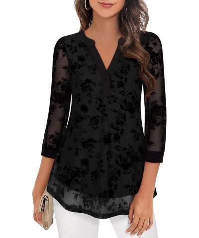 Women's 3/4 Sleeve Blouses Casual V Neck Dress Shirts Double Layers Mesh Tunics Tops Black Floral $14.35 Blouses