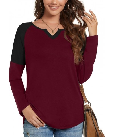 Womens Raglan T Shirts Long Sleeve V Neck Tunic Tops Color Block Fall Casual Pullover Black+wine Red $12.18 Tops