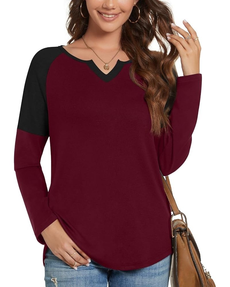 Womens Raglan T Shirts Long Sleeve V Neck Tunic Tops Color Block Fall Casual Pullover Black+wine Red $12.18 Tops