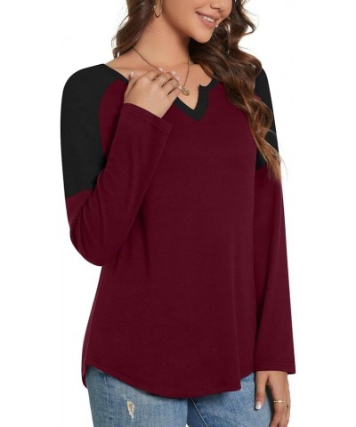 Womens Raglan T Shirts Long Sleeve V Neck Tunic Tops Color Block Fall Casual Pullover Black+wine Red $12.18 Tops