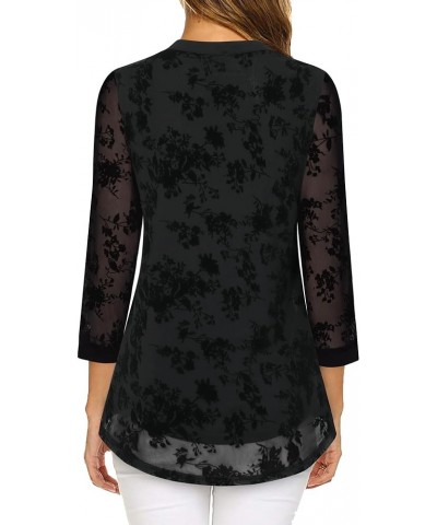 Women's 3/4 Sleeve Blouses Casual V Neck Dress Shirts Double Layers Mesh Tunics Tops Black Floral $14.35 Blouses