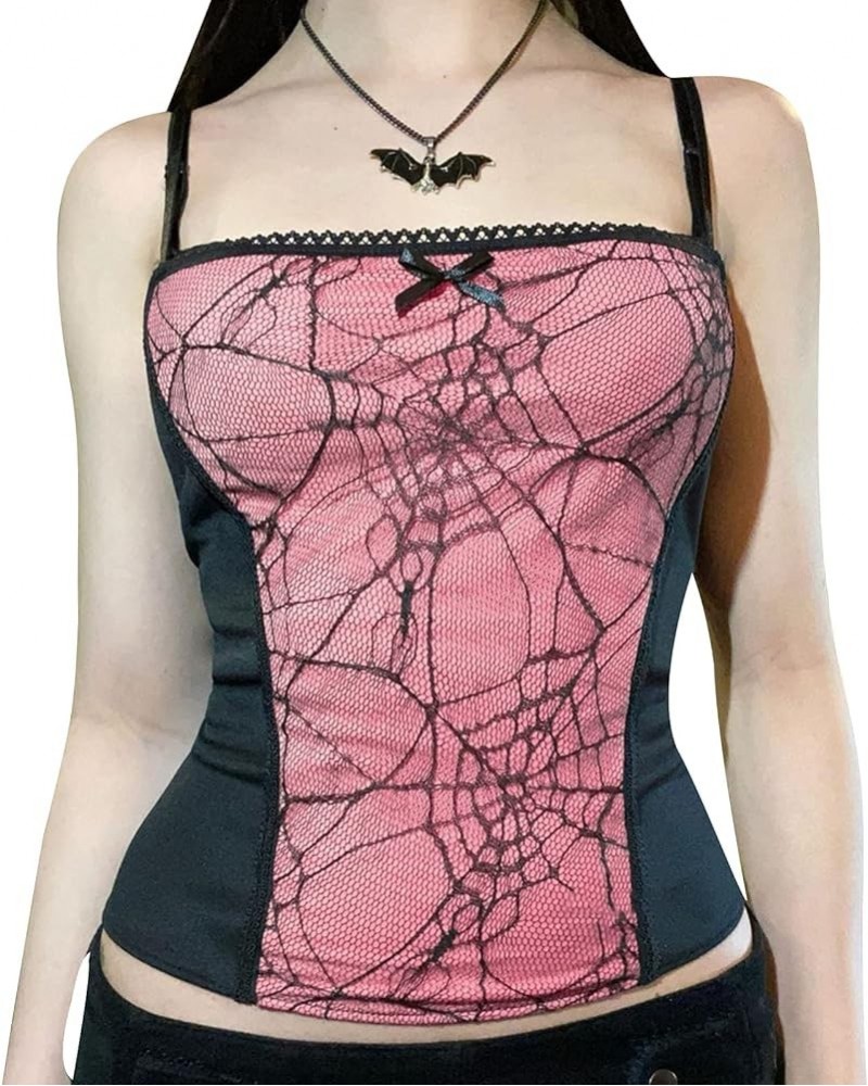 Vintage Gothic Crop Top for Women Grunge Dark Aesthetic Harajuku Tank Tops Mall Goth Emo Camisole Shirts 3 Pink $8.25 Tanks