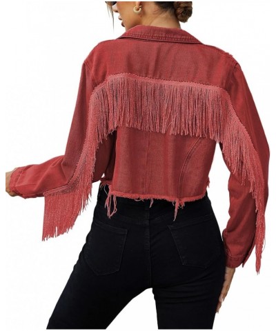 Women's Fringe Jacket Tassel Cropped Denim Jacket Raw Hem Ripped Crop Jean Jackets Red $27.89 Jackets