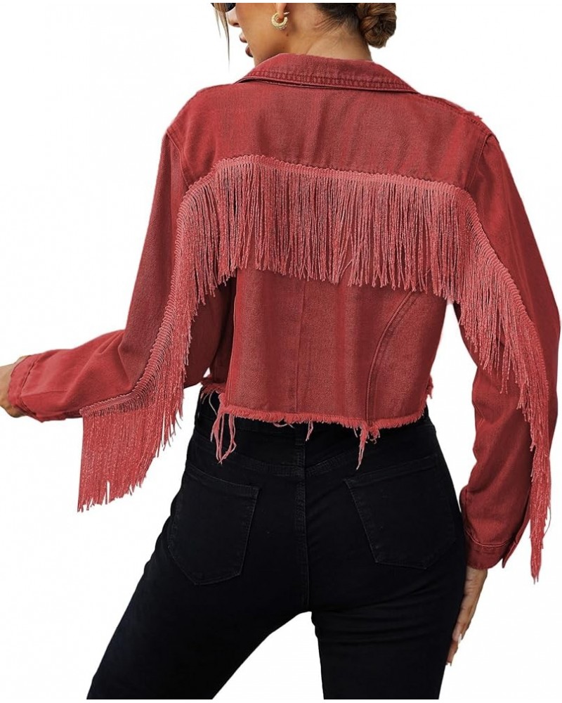 Women's Fringe Jacket Tassel Cropped Denim Jacket Raw Hem Ripped Crop Jean Jackets Red $27.89 Jackets