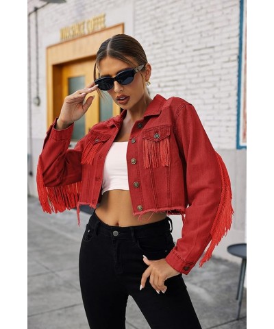 Women's Fringe Jacket Tassel Cropped Denim Jacket Raw Hem Ripped Crop Jean Jackets Red $27.89 Jackets