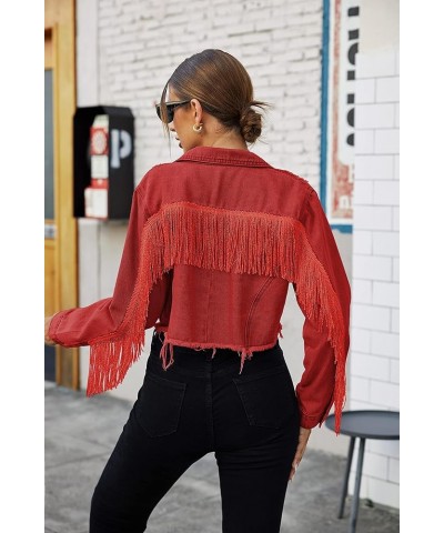 Women's Fringe Jacket Tassel Cropped Denim Jacket Raw Hem Ripped Crop Jean Jackets Red $27.89 Jackets