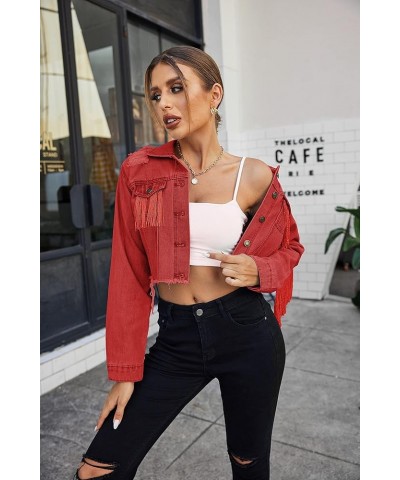 Women's Fringe Jacket Tassel Cropped Denim Jacket Raw Hem Ripped Crop Jean Jackets Red $27.89 Jackets