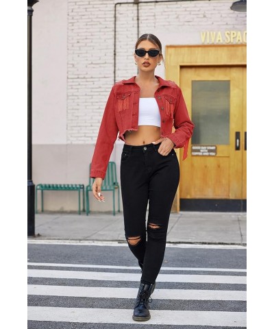 Women's Fringe Jacket Tassel Cropped Denim Jacket Raw Hem Ripped Crop Jean Jackets Red $27.89 Jackets