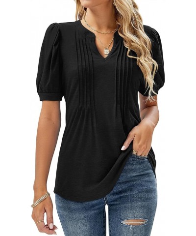 Womens V Neck Puff Short Sleeve Pleated T Shirts Fashion Summer Tops Casual Tunic Blouse Black $14.24 Tops