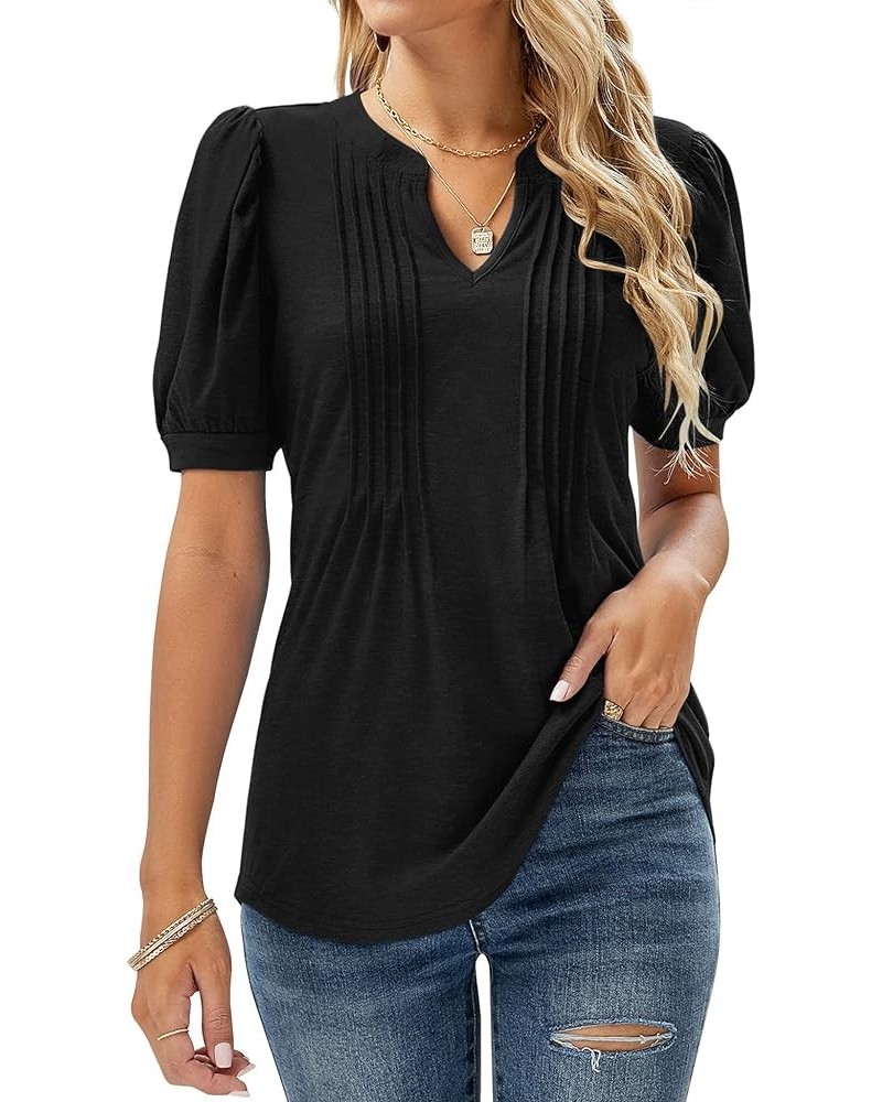 Womens V Neck Puff Short Sleeve Pleated T Shirts Fashion Summer Tops Casual Tunic Blouse Black $14.24 Tops