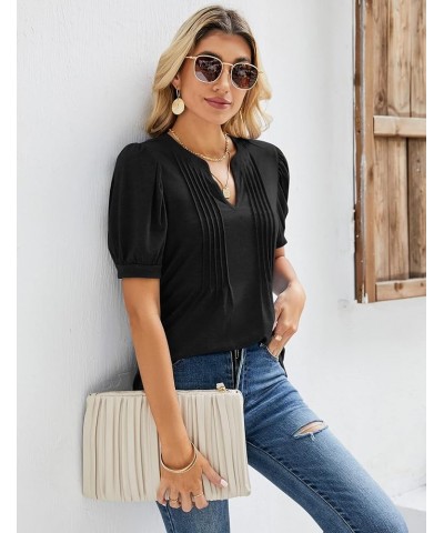 Womens V Neck Puff Short Sleeve Pleated T Shirts Fashion Summer Tops Casual Tunic Blouse Black $14.24 Tops