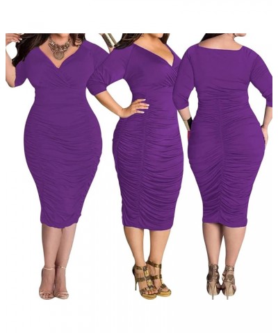 Sexy Plus Size Dress for Women Short Sleeve Bodycon Elegant Pencil Dress for Business Workwear 10899purple $24.74 Dresses