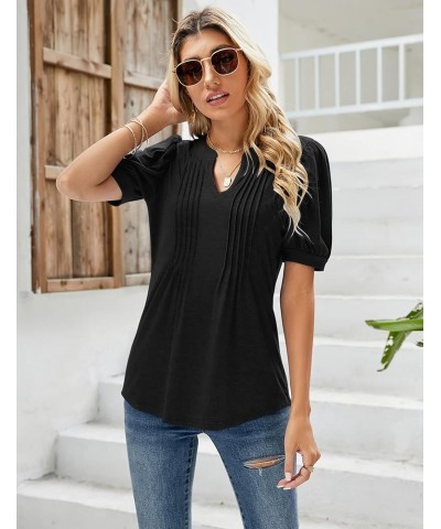 Womens V Neck Puff Short Sleeve Pleated T Shirts Fashion Summer Tops Casual Tunic Blouse Black $14.24 Tops