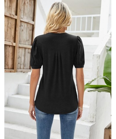 Womens V Neck Puff Short Sleeve Pleated T Shirts Fashion Summer Tops Casual Tunic Blouse Black $14.24 Tops