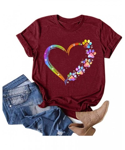 Paw Love Shirt Dog Lover T-Shirts for Women Paw Print Heart Tee Shirt Cute Dog Mom Short Sleeve Crewneck Loose Blouses Wine $...