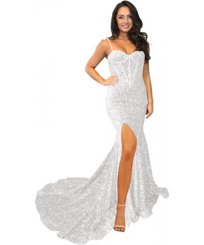 Sparkly Sequin Prom Dresses with Slit Glitter Mermaid Formal Evening Gowns for Women RO043X White $30.55 Dresses