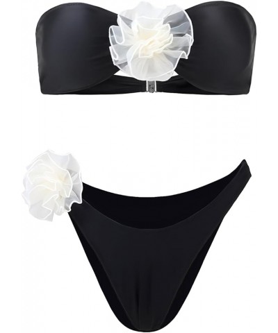 Women's Two Piece Bikini Set 3D Flower High Waist Sexy Bikini 2 Piece Bathing Suit 13033-black $26.95 Swimsuits