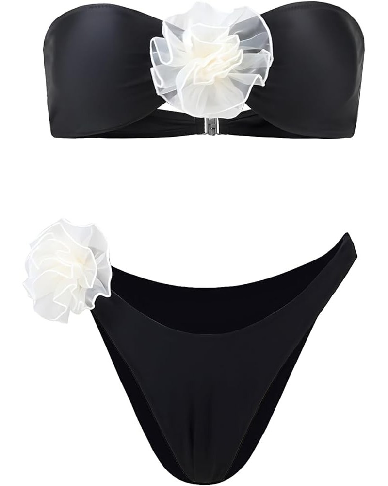 Women's Two Piece Bikini Set 3D Flower High Waist Sexy Bikini 2 Piece Bathing Suit 13033-black $26.95 Swimsuits