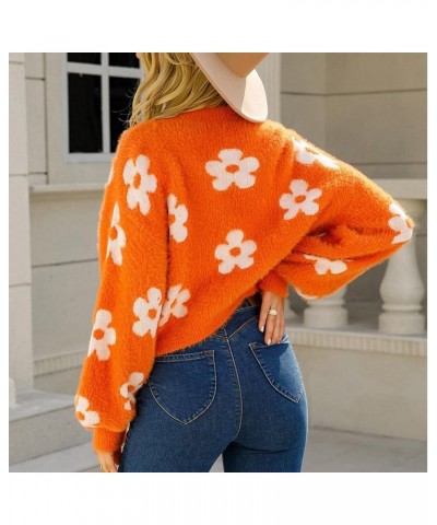 Women's Flower Long Sleeve Open Front Short Cardigan Casual Loose V Neck Down Knit Cardigan Sweaters Outwear Orange $19.20 Sw...